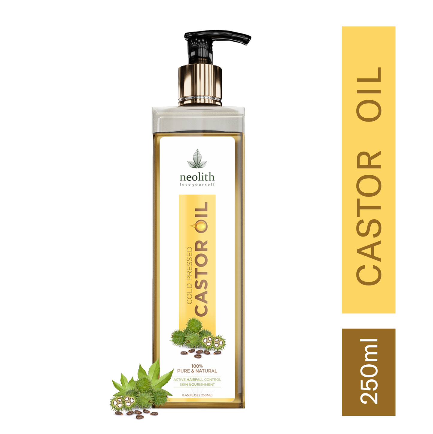Neolith 100% Organic, Virgin Grade Pure Cold Pressed Castor Oil / Erand Tail (250 ml) Hexan free- For Hair care, Skin care, Eyelashes, Eyebrows, Beard oil, Massage oil, Lash Growth oil, Brow Treatment NeolithBeauty Uk