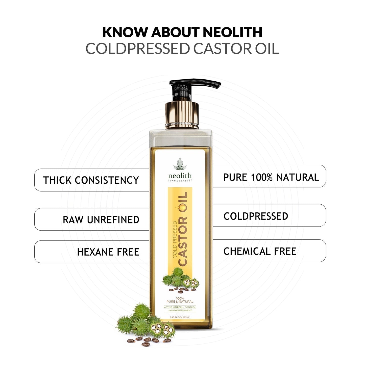 Neolith 100% Organic, Virgin Grade Pure Cold Pressed Castor Oil / Erand Tail (250 ml) Hexan free- For Hair care, Skin care, Eyelashes, Eyebrows, Beard oil, Massage oil, Lash Growth oil, Brow Treatment NeolithBeauty Uk