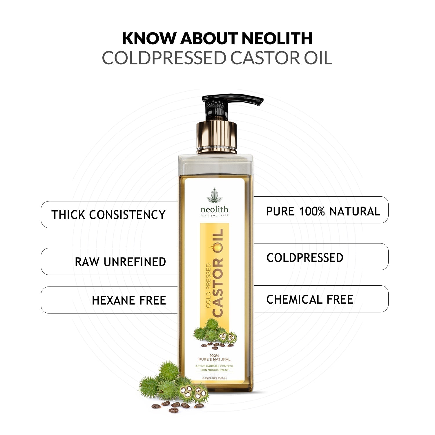 Neolith 100% Organic, Virgin Grade Pure Cold Pressed Castor Oil / Erand Tail (250 ml) Hexan free- For Hair care, Skin care, Eyelashes, Eyebrows, Beard oil, Massage oil, Lash Growth oil, Brow Treatment NeolithBeauty Uk